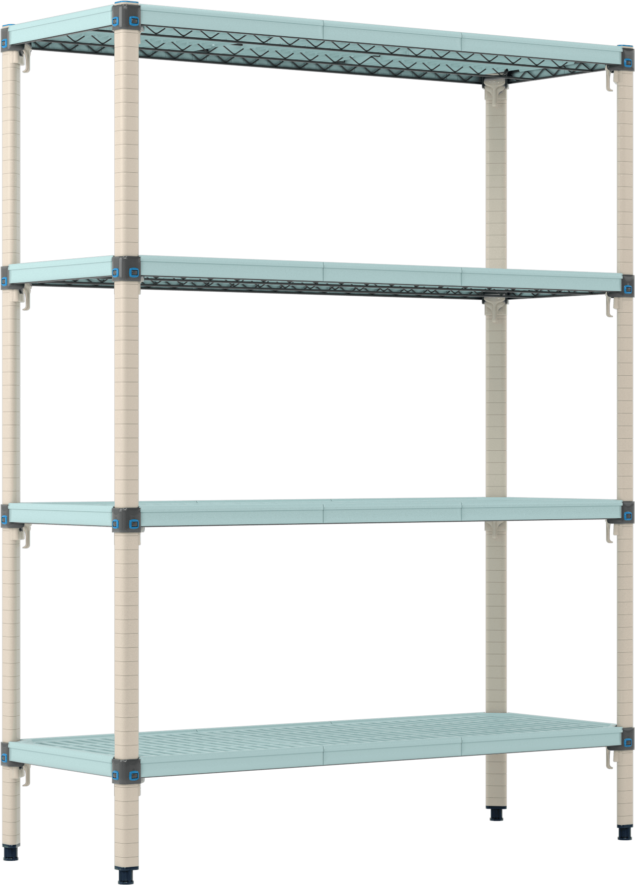 Havalandırmalı Ağır Hizmet Tipi Plastik Raf, 4 Raf ile, Sabit, 48“ Genişlik x 63” Yükseklik x 18" Derinlik