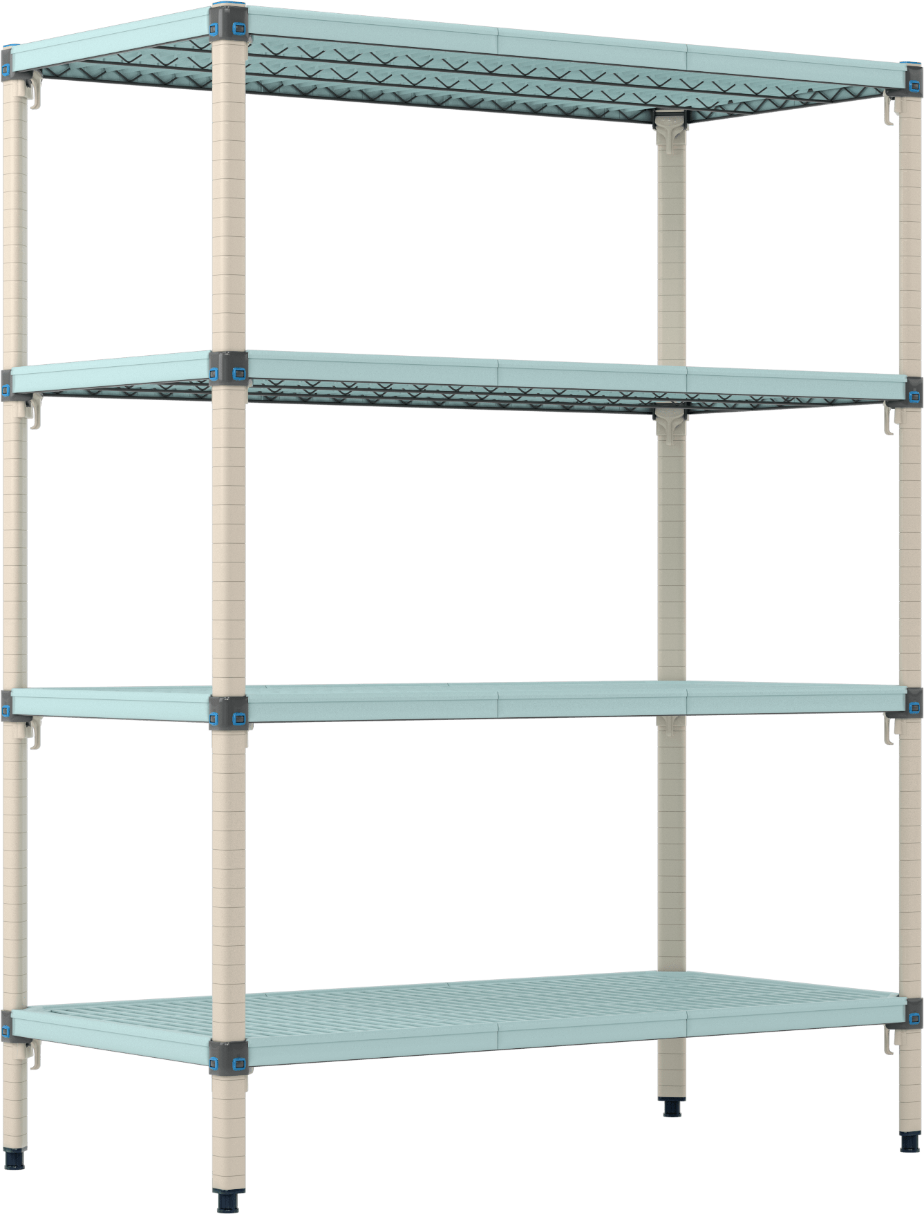 Havalandırmalı Ağır Hizmet Tipi Plastik Raf, 4 Raf ile, Sabit, 48“ Genişlik x 63” Yükseklik x 24" Derinlik