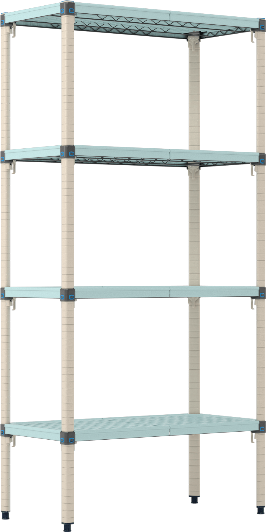 Havalandırmalı Ağır Hizmet Tipi Plastik Raf, 4 Raf ile, Sabit, 36“ Genişlik x 74” Yükseklik x 18" Derinlik
