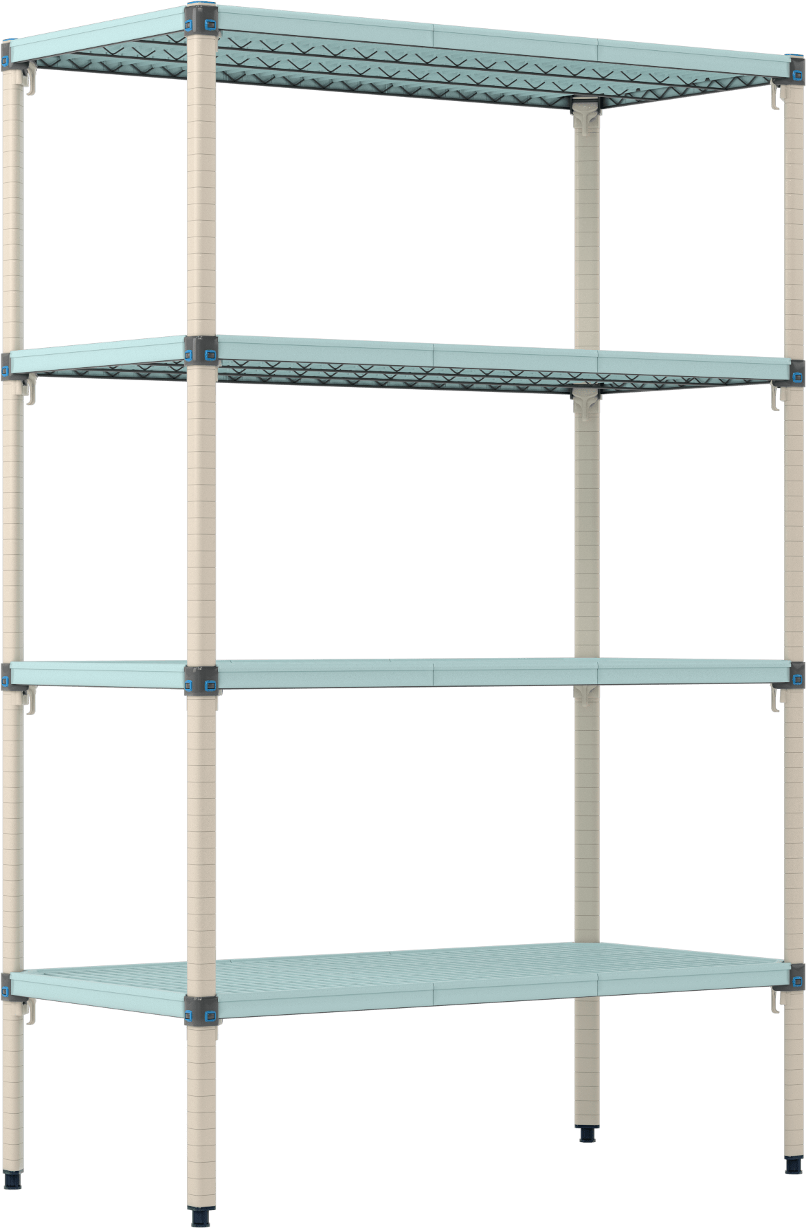 Havalandırmalı Ağır Hizmet Tipi Plastik Raf, 4 Raf ile, Sabit, 48“ Genişlik x 74” Yükseklik x 24" Derinlik