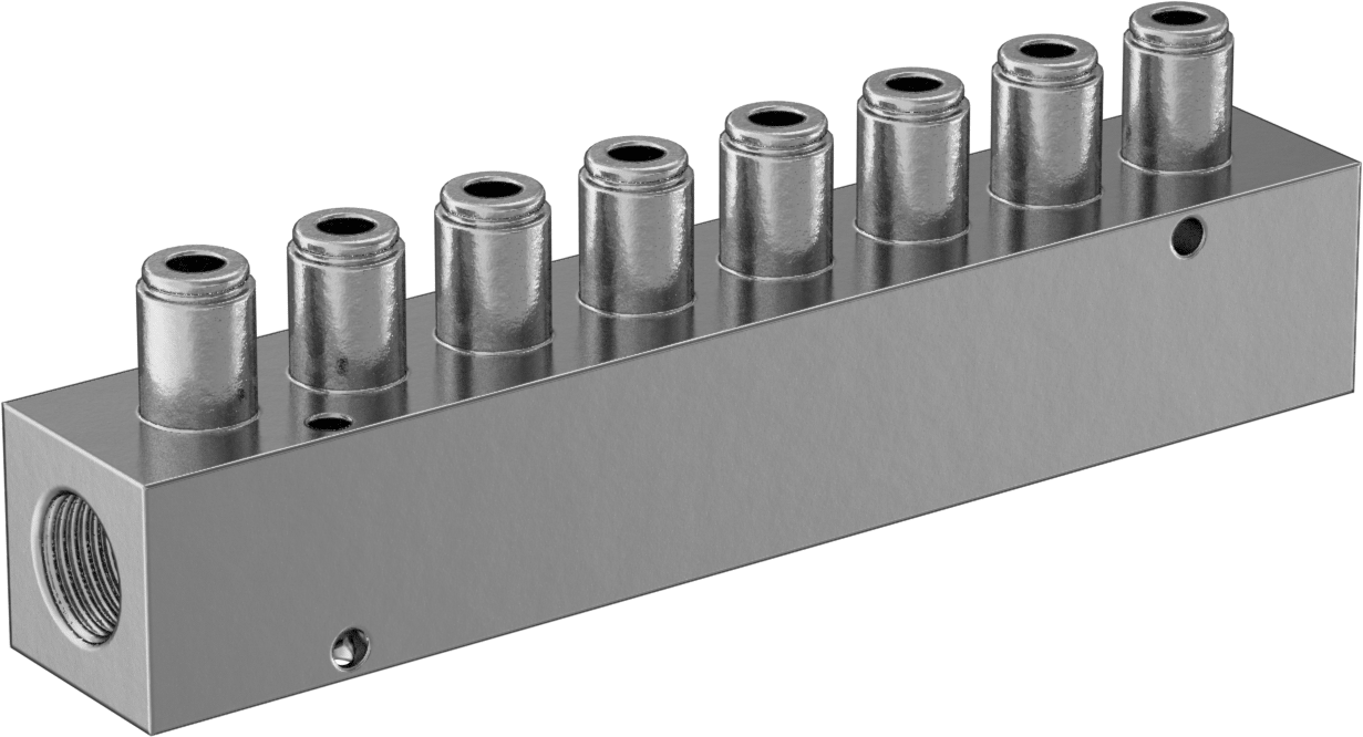 Pirinç Manifold, Push-to-Connect Boru Bağlantı Elemanı ile, Hava için, 8 Çıkış, 3/8 NPTF Dişi, 1/4" Boru Dış Çapı için