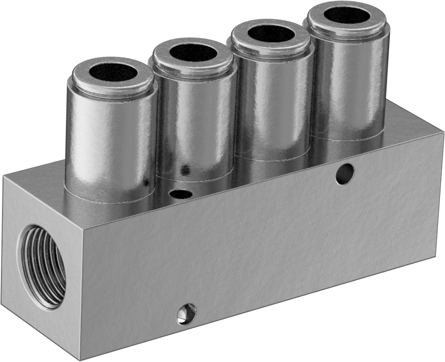 Pirinç Manifold, Push-to-Connect Boru Bağlantı Elemanı ile, Hava için, 4 Çıkış, 3/8 NPTF Dişi, 3/8" Boru Dış Çapı için