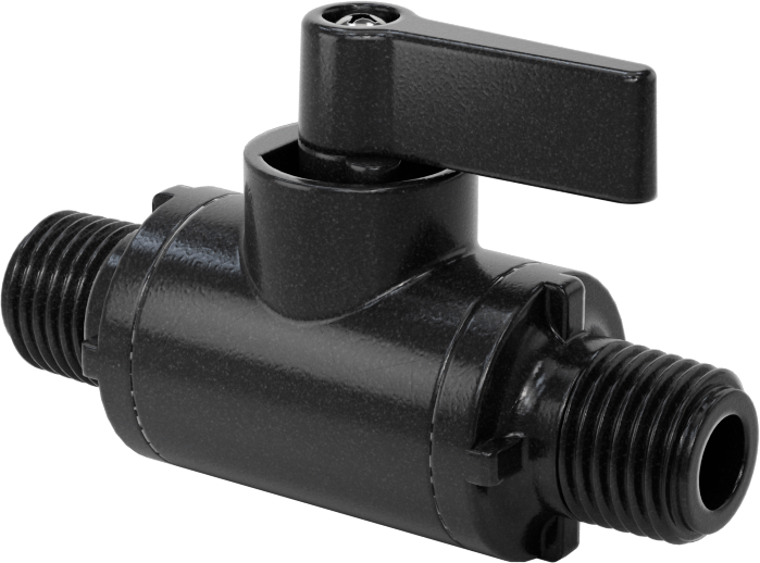 Siyah Naylon Açma/Kapama Vanası, Kompakt, 1/4 NPT Erkek x 1/4 NPT Erkek, 2,3 Cv