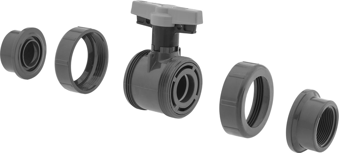 Kolay Kurulumlu Çift Bağlantalı PVC Küresel Vana, İçme Suyu için, Kilitlenebilir T-Kolu, 1-1/2 NPT Dişi