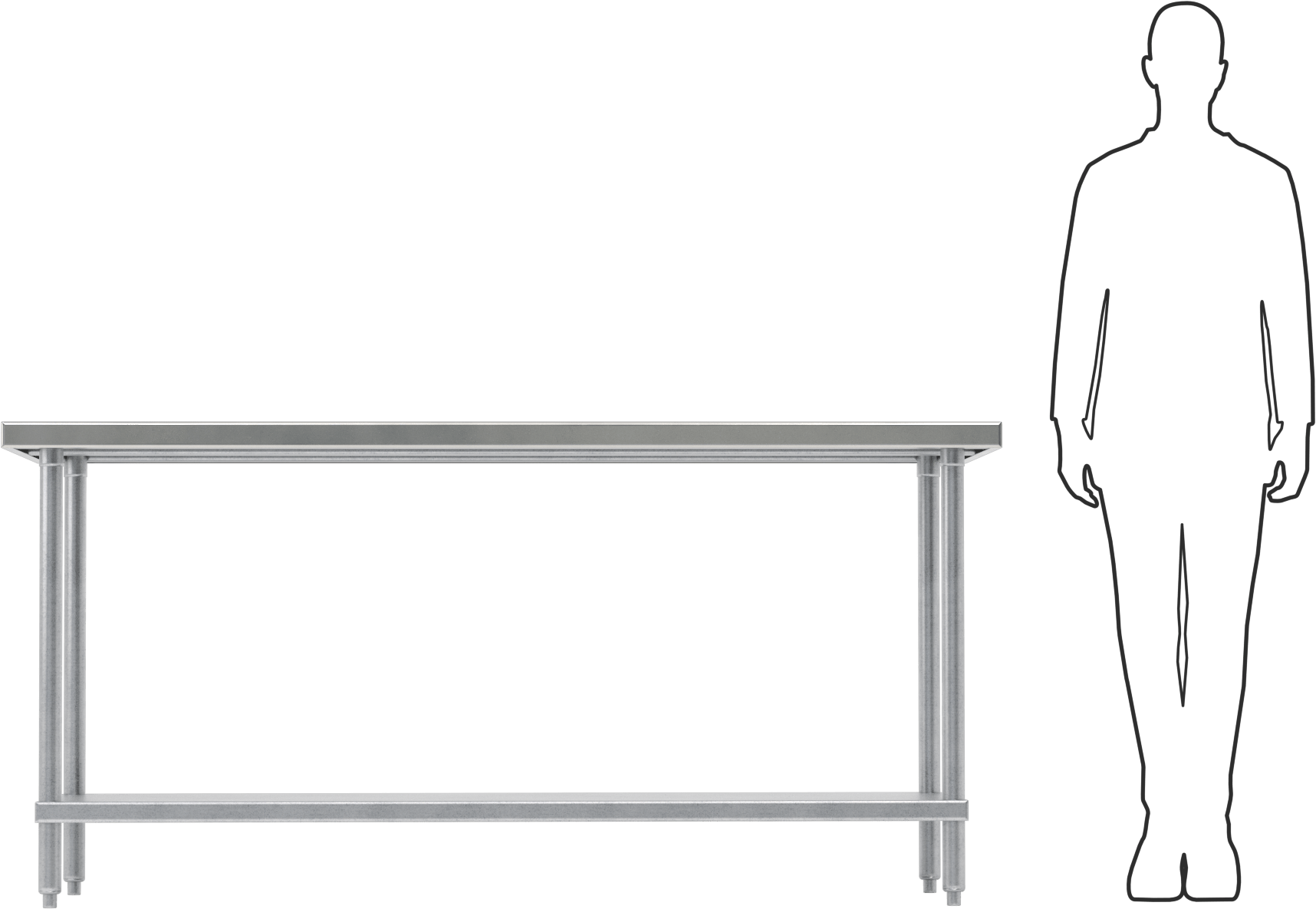 Paslanmaz Çelik Üstlü Masa, Sabit, Raflı, 35“ Yükseklik x 72” Genişlik x 30" Derinlik