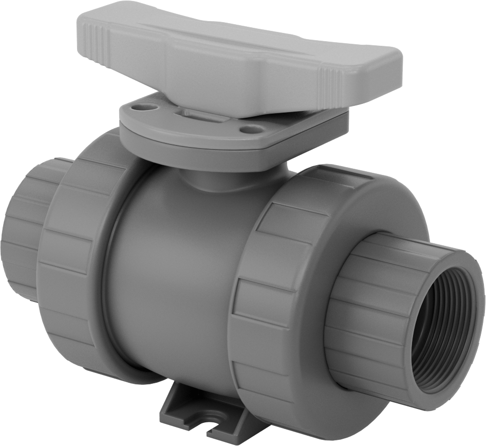 Kolay Kurulumlu Çift Bağlantalı PVC Açma/Kapama Vanası, Kimyasallar için, T-Saplı, 1-1/2 NPT Dişi