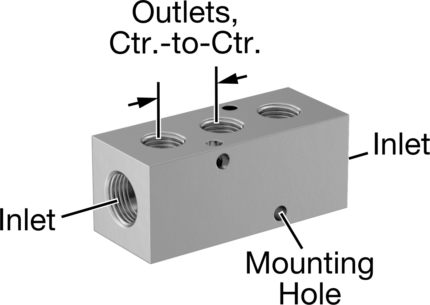 Dik Açılı Akış Dikdörtgen Manifold, 303 Paslanmaz Çelik, 3 Çıkış, 3/8 NPT Giriş x 1/4 NPT Çıkış