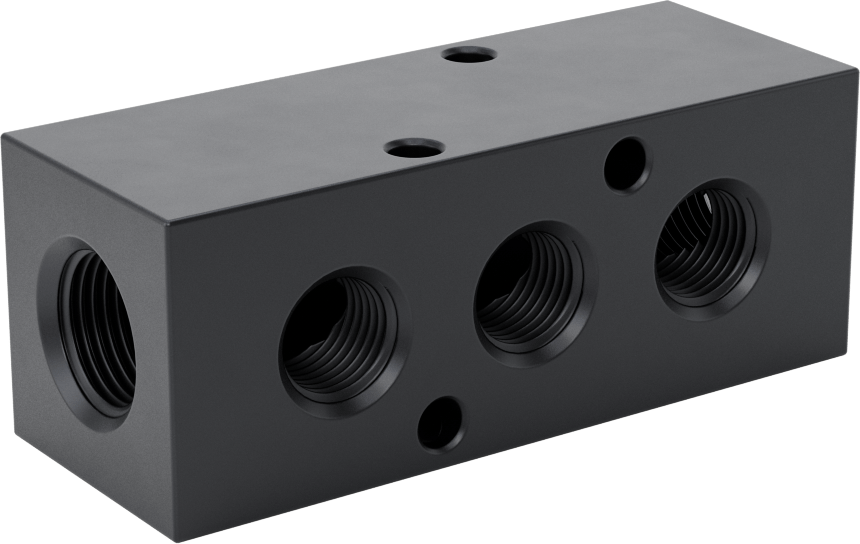 Alüminyum Dik Açılı Akış Dikdörtgen Manifold, Tek Tarafta 3 Çıkış, 3/8 BSPP x 1/4 BSPP