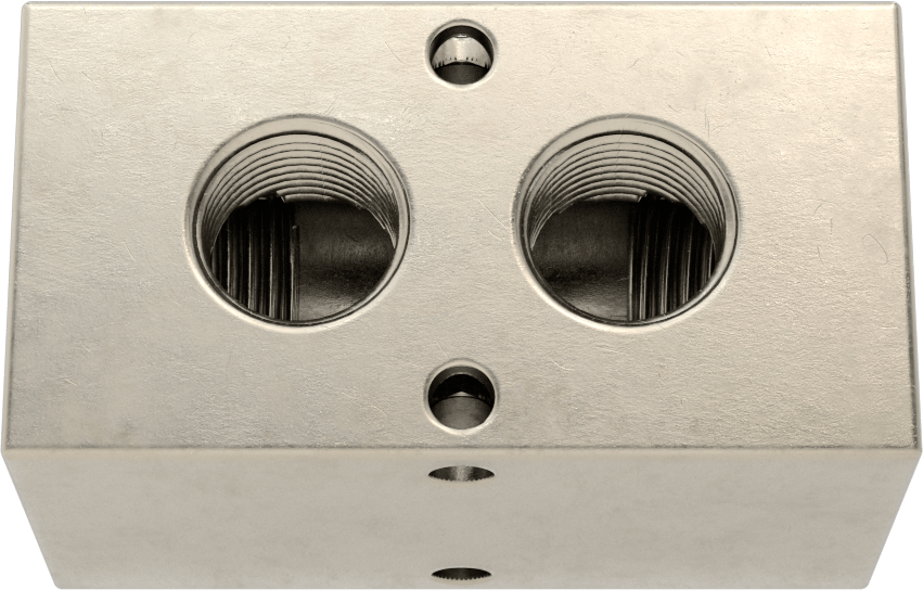 Dik Açılı Akış Dikdörtgen Manifold, Çinko Kaplı Çelik, 2 Çıkış, 1/2 NPT x 3/8 NPT