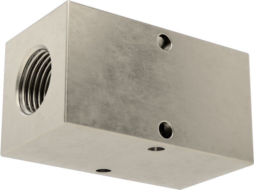 Dik Açılı Akış Dikdörtgen Manifold, Çinko Kaplı Çelik, 2 Çıkış, 1/2 NPT x 3/8 NPT