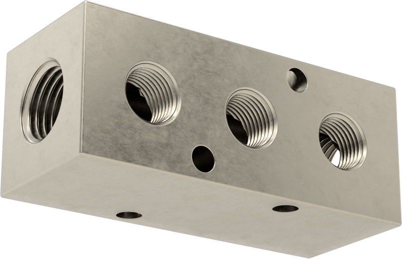 Dik Açılı Akış Dikdörtgen Manifold, Çinko Kaplı Çelik, 3 Çıkış, 1/4 NPT x 1/8 NPT