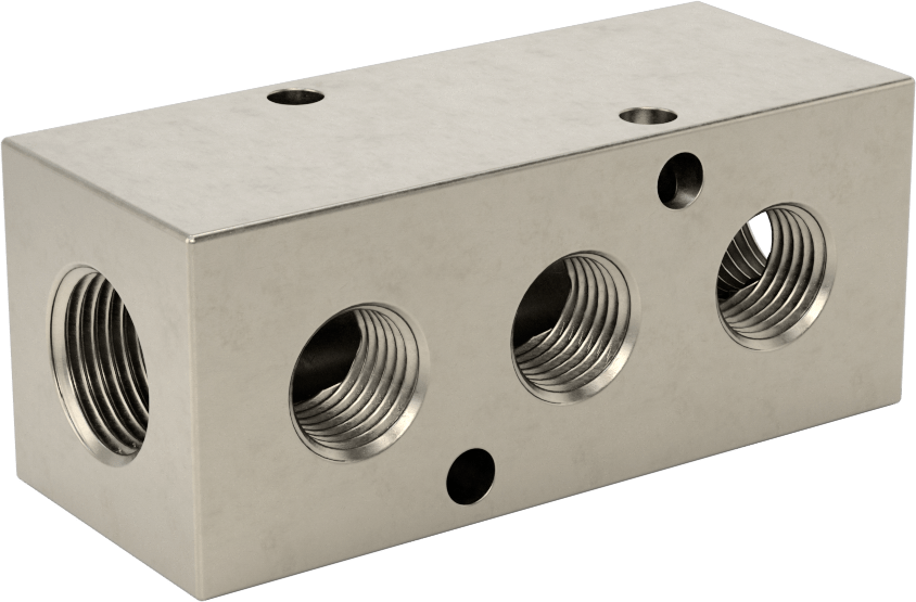 Dik Açılı Akış Dikdörtgen Manifold, Çinko Kaplı Çelik, 3 Çıkış, 3/8 NPT x 1/4 NPT