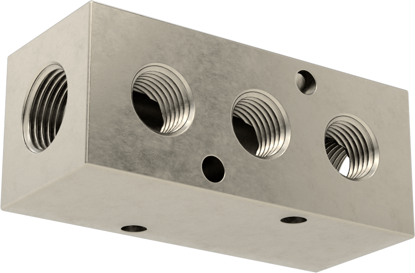 Dik Açılı Akış Dikdörtgen Manifold, Çinko Kaplı Çelik, 3 Çıkış, 3/8 NPT x 1/4 NPT