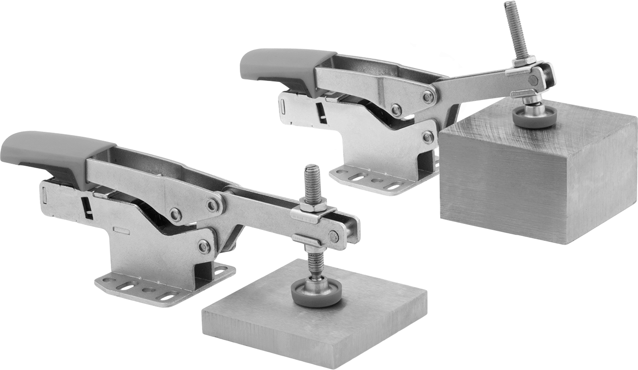 Clamps hold workpieces of different thicknesses without manual adjustment.