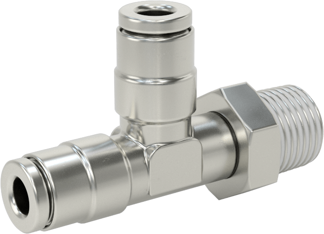 Nikel Kaplı Pirinç Bas-Bağlan Tüp Bağlantı Elemanı, Hava için, Dik Açı T, 5/32" Boru Dış Çapı, 1/8 NPT Erkek