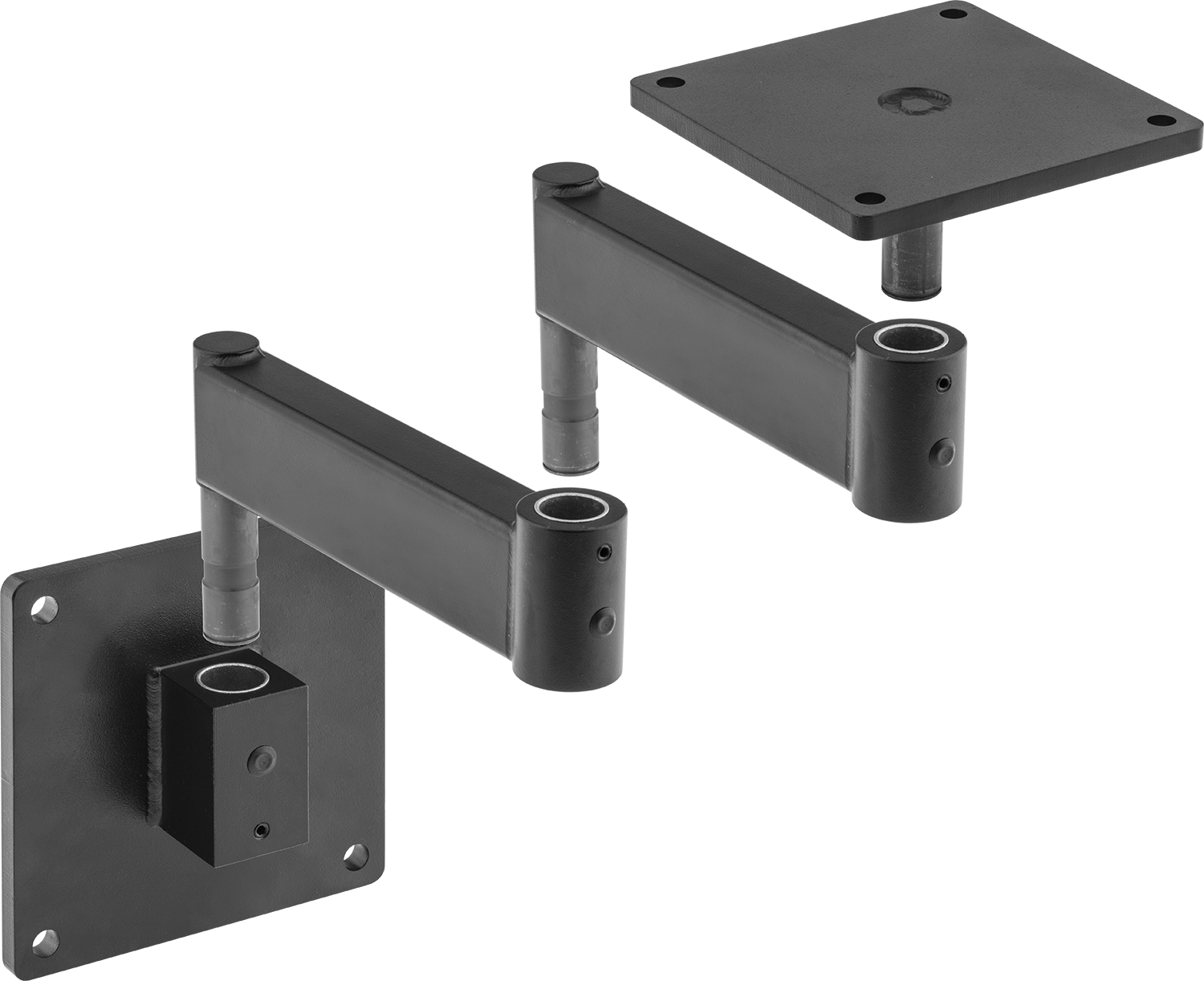 Arm Built with Wall-Mount Pin Base, Two Rigid Connectors, and Pivoting Mounting Plate