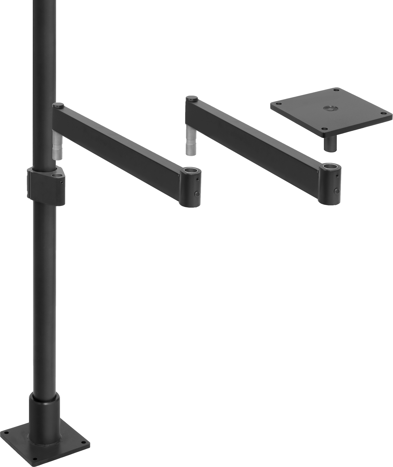 Arm Built with Floor- and Bench-Mount Pole Base, Pole, Pole-to-Pin Adapter, Two Rigid Connectors, and Pivoting Mounting Plate