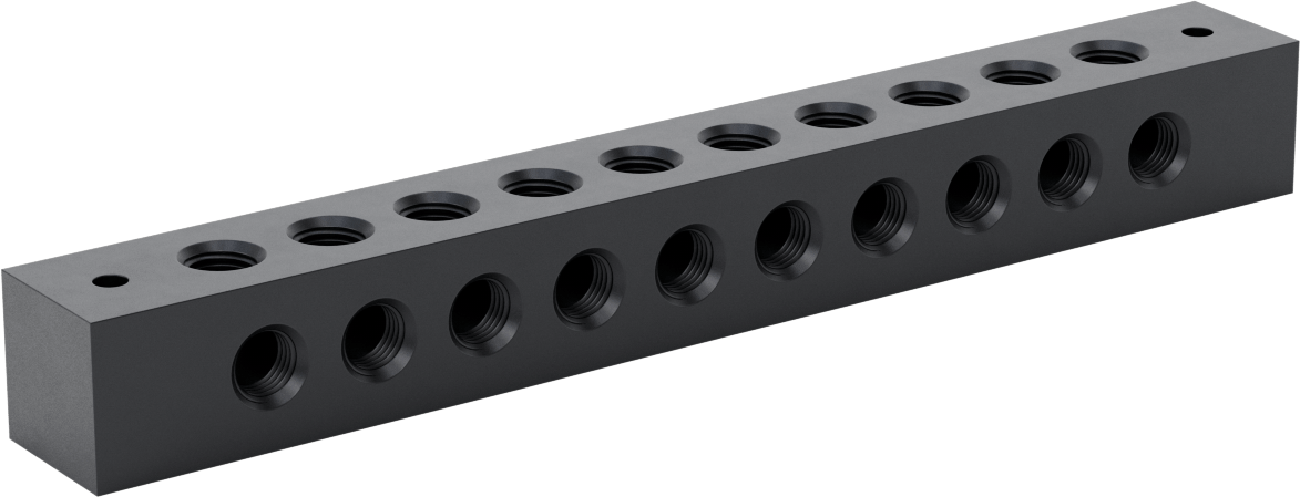 Dik Açı Akış Bağlantı Bloğu, 10 Çıkış, 1/4 NPT x 1/4 NPT, 10-5/8" Uzunluk