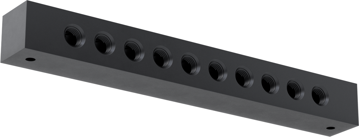 Dik Açı Akış Bağlantı Bloğu, 10 Çıkış, 1/4 NPT x 1/4 NPT, 10-5/8" Uzunluk
