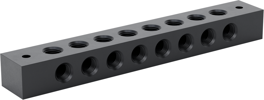 Dik Açı Akış Bağlantı Bloğu, 8 Çıkış, 1/4 NPT Giriş x 1/4 NPT Çıkış, 8-7/8" Uzunluk