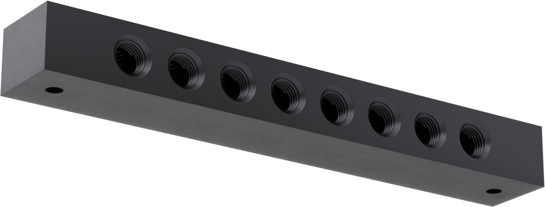 Dik Açı Akış Bağlantı Bloğu, 8 Çıkış, 1/4 NPT Giriş x 1/4 NPT Çıkış, 8-7/8" Uzunluk
