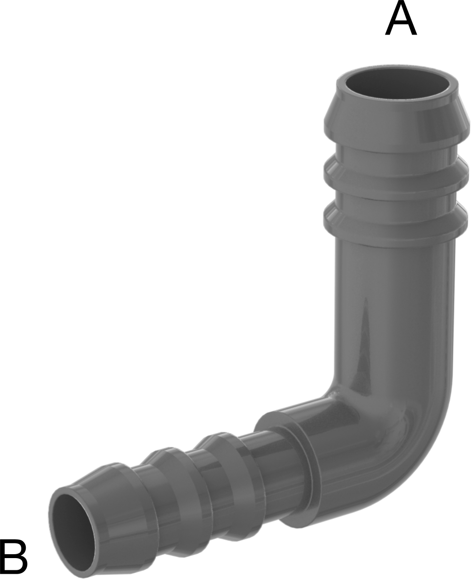 Plastik Dikenli Hortum Bağlantı Elemanı, 90 Derece Dirsek Redüktör, 1/2“ x 3/8” Hortum İç Çapı için
