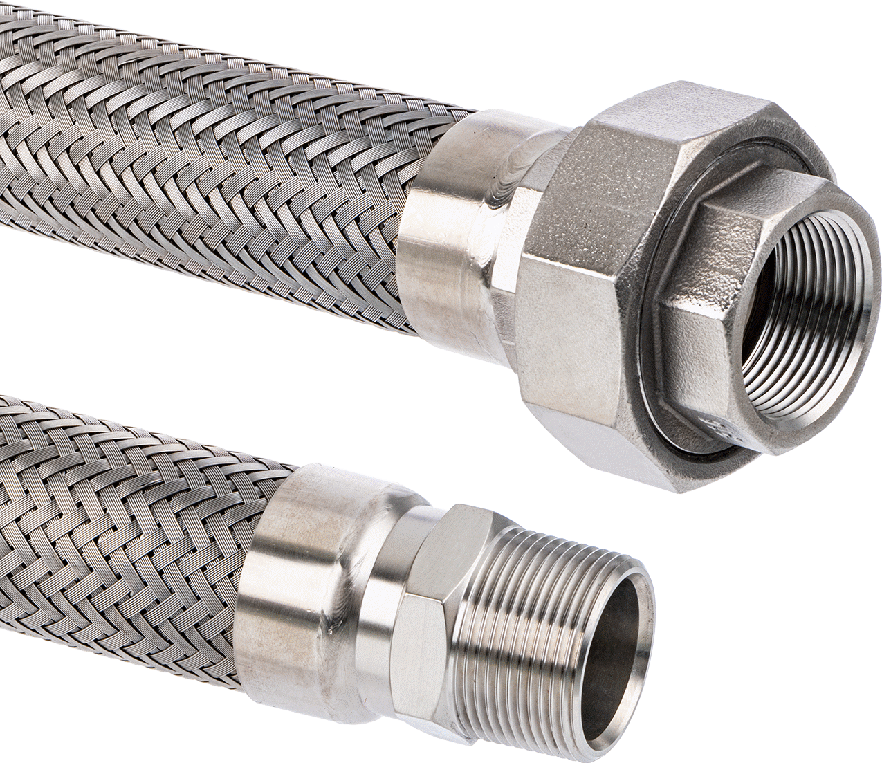 Ekstra Esnek Aşırı Sıcaklık 316 Paslanmaz Çelik Hortum, 1 1/4 NPT Erkek x 1 1/4 NPT Dişi Bağlantı Parçaları ile