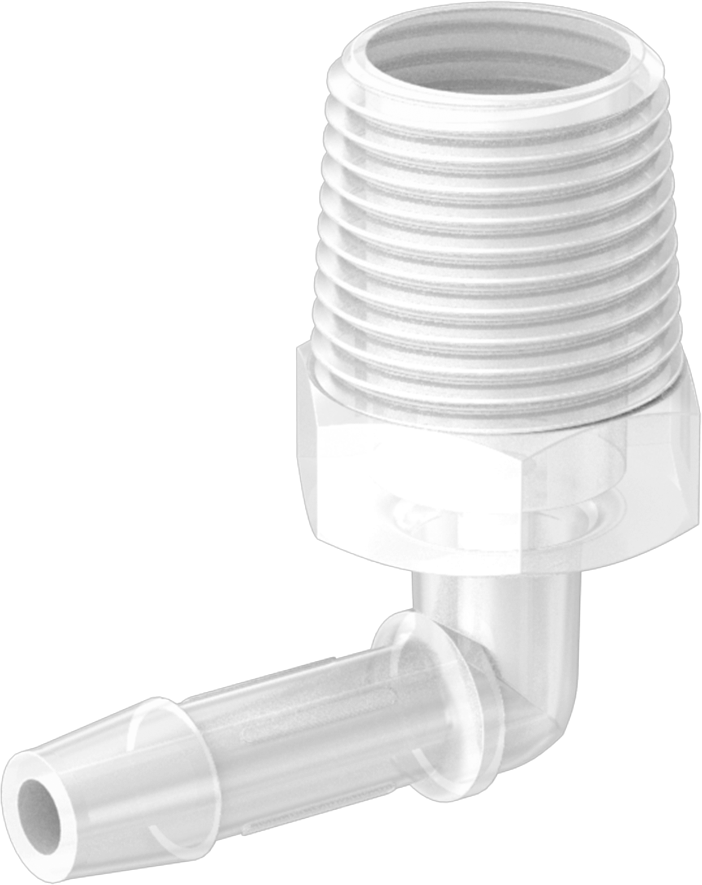 Dikenli Plastik Boru Bağlantı Parçası, Yüksek Saflık, 1/4" Boru İç Çapı x 3/8 NPT Erkek için Dirsek