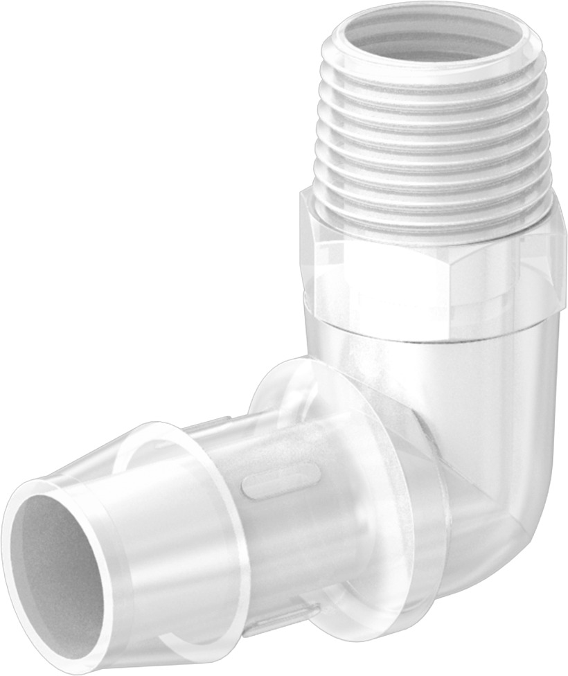 Dikenli Plastik Boru Bağlantı Parçası, Yüksek Saflık, 3/4" İç Çaplı Boru x 1/2 NPT Erkek için Dirsek
