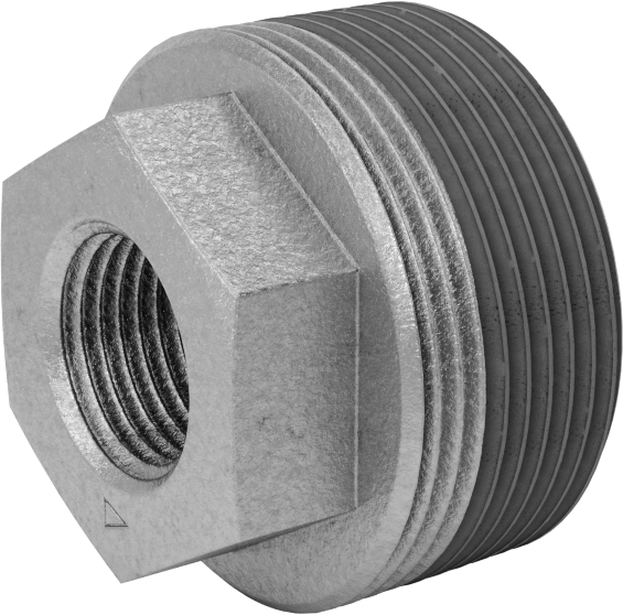 Galvanizli Demir Burçlu Düz Redüksiyon Adaptörü, Sızdırmazlık Maddeli, Düşük Basınç, 1-1/2 Erkek x 1/2 Dişi NPT