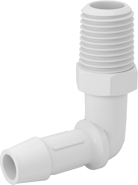 Kimyasallarla Kullanım için Dikenli Bağlantı Parçası, Dirsek, 3/8" boru iç çapı x 1/4 NPT erkek, 150°F Maksimum