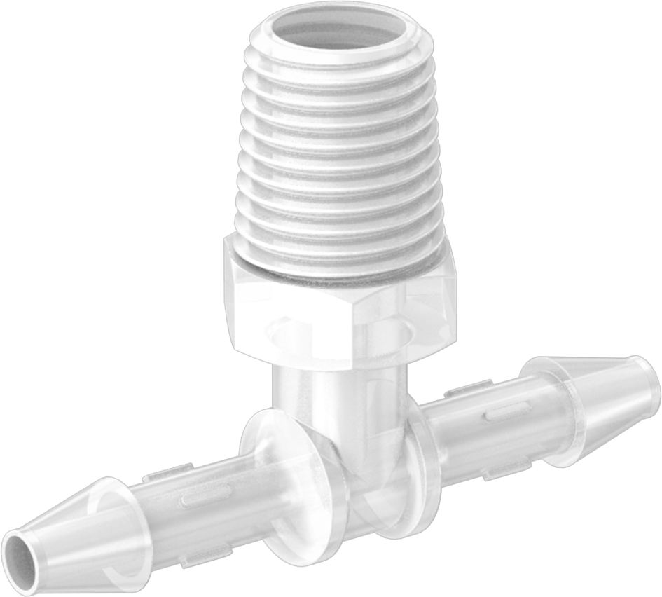 Kimyasallarla Kullanım için Dikenli Bağlantı Parçası, T, 1/4" Boru İç Çapı x 1/4 NPT Erkek için, 150°F Maksimum