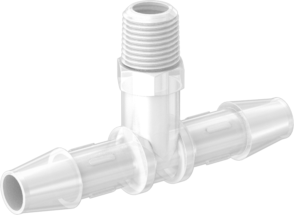 Kimyasallarla Kullanım için Dikenli Bağlantı Parçası, T, 3/8" Boru İç Çapı x 1/8 NPT Erkek, 150°F Maksimum