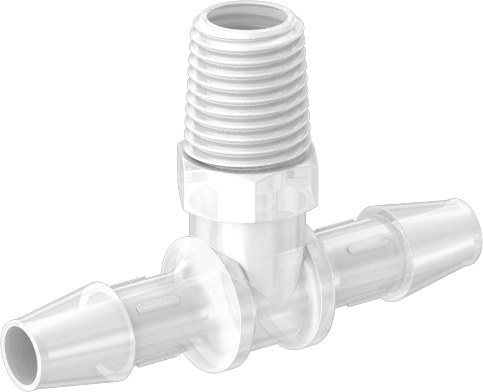 Kimyasallarla Kullanım için Dikenli Bağlantı Parçası, T, 3/8" boru iç çapı x 1/4 NPT erkek, 150°F Maksimum