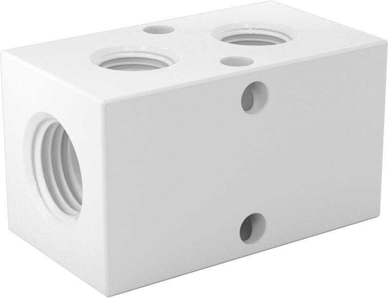 Dik Açılı Akış Dikdörtgen Manifold, Polipropilen, 2 Çıkış, 1/4 NPT Giriş x 1/8 NPT Çıkış