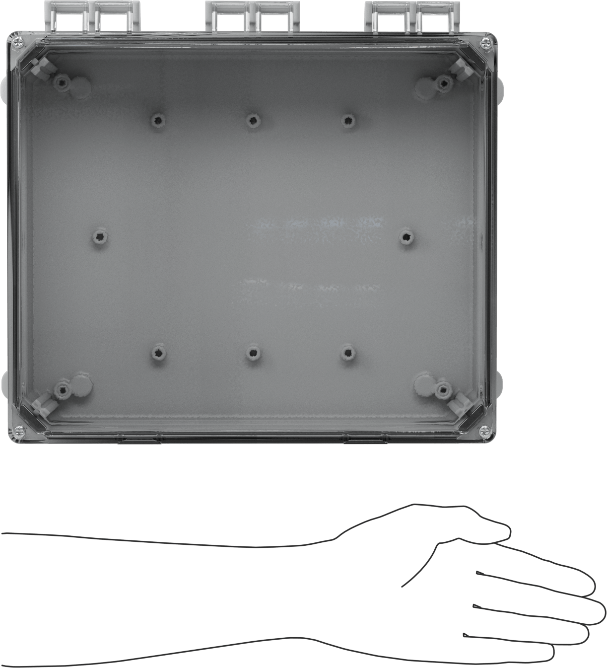 Versa-Panel Polikarbonat Muhafaza, Vidalı Şeffaf Menteşeli Kapak, 11" x 13" x 5.5", Gri