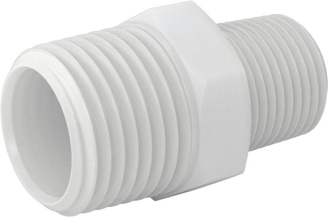 Gıda ve İçecek için Kimyasal Dirençli Boru Bağlantı Elemanı, PVDF, Düz Redüktör, 1/2 NPT Erkek x 3/8 NPT Erkek