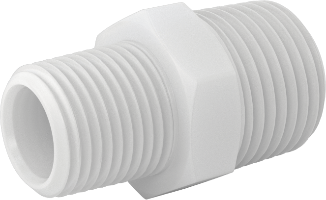 Gıda ve İçecek için Kimyasal Dirençli Boru Bağlantı Elemanı, PVDF, Düz Redüktör, 1/2 NPT Erkek x 3/8 NPT Erkek