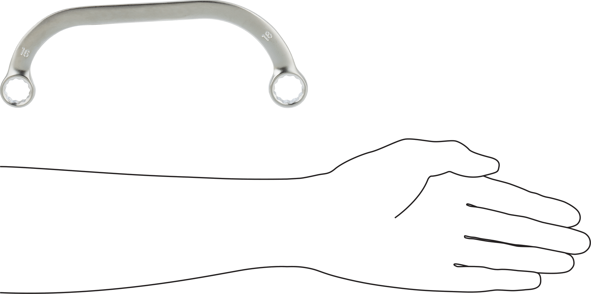Kavisli Kutu Anahtarı, 16 mm x 18 mm Boyut, 8-3/4" Toplam Uzunluk