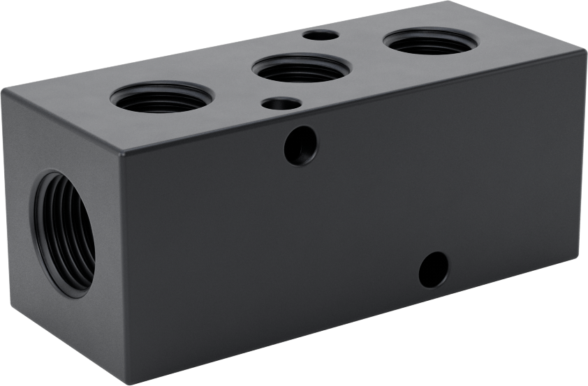 Eloksallı Alüminyum Dik Açılı Akış Manifoldu, Tek Tarafta 3 Çıkış, 3/8 NPT x 1/4 NPT