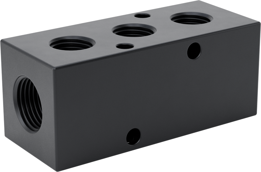 Eloksallı Alüminyum Dik Açılı Akış Manifoldu, Tek Tarafta 3 Çıkış, 3/8 NPT x 1/4 NPT