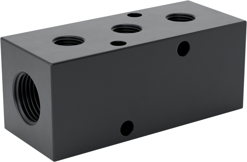 Eloksallı Alüminyum Dik Açılı Akış Manifoldu, Tek Tarafta 3 Çıkış, 3/8 NPT x 1/8 NPT
