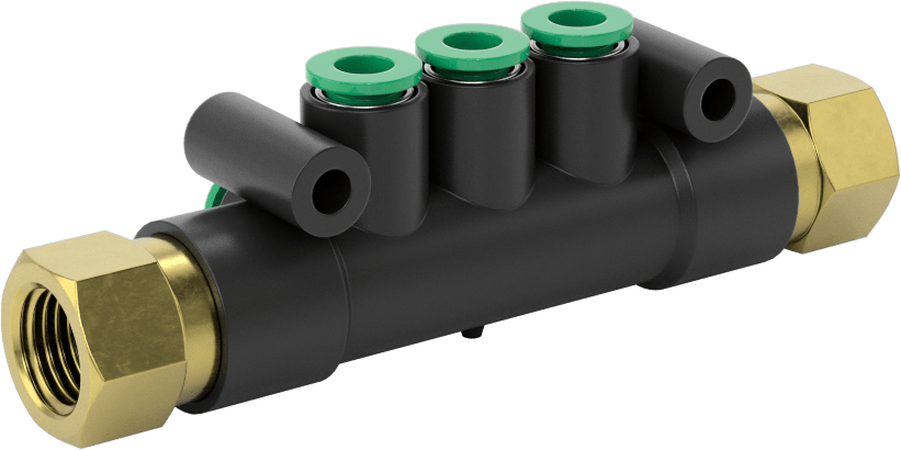 Kaynak Sıçramasına Dayanıklı Bas-Bağla Boru Bağlantısı, 6 Çıkışlı Manifold, 1/4 BSPT Dişi x 6 mm Dış Çaplı Boru
