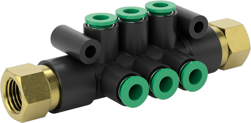 Kaynak Sıçramasına Dayanıklı Bas-Bağla Boru Bağlantısı, 6 Çıkışlı Manifold, 1/4 BSPT Dişi x 6 mm Dış Çaplı Boru