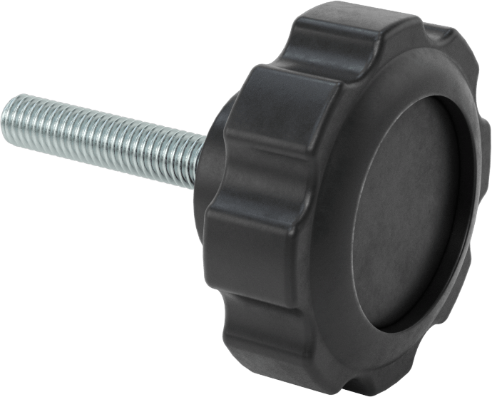 Yivli Plastik Rahat Tutuşlu Düğme, 3/8"-16 Dişli Saplama, 2-1/2 inç Çaplı Başlık