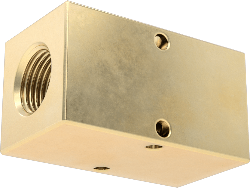 Pirinç Dik Açılı Akış Dikdörtgen Manifold, 2 Çıkış, 1/2 NPT Giriş x 3/8 NPT Çıkış