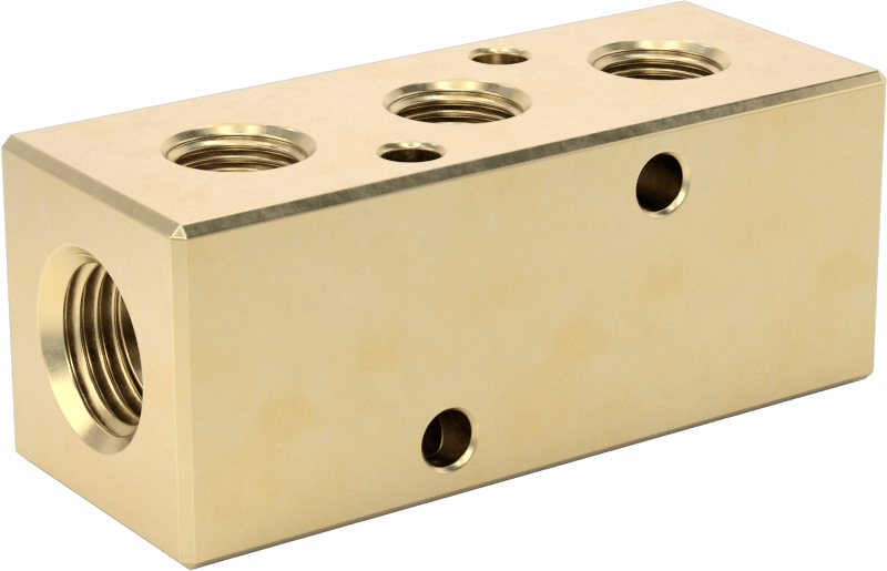 Pirinç Dik Açılı Akış Dikdörtgen Manifold, 3 Çıkış, 1/4 NPT Giriş x 1/8 NPT Çıkış