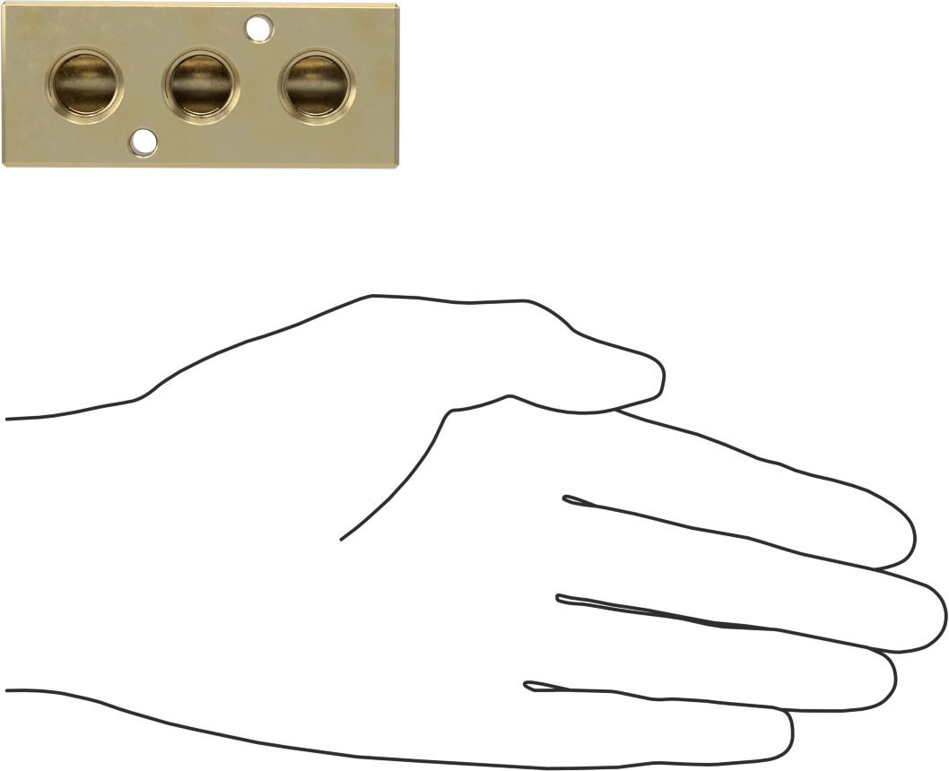 Pirinç Dik Açılı Akış Dikdörtgen Manifold, 3 Çıkış, 3/8 NPT Giriş x 1/4 NPT Çıkış