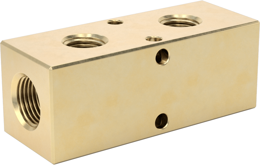 Pirinç Dik Açılı Akış Dikdörtgen Manifold, Ekstra Geniş Çıkış Aralığı, 2 Çıkış, 3/8 NPT X1/4 NPT