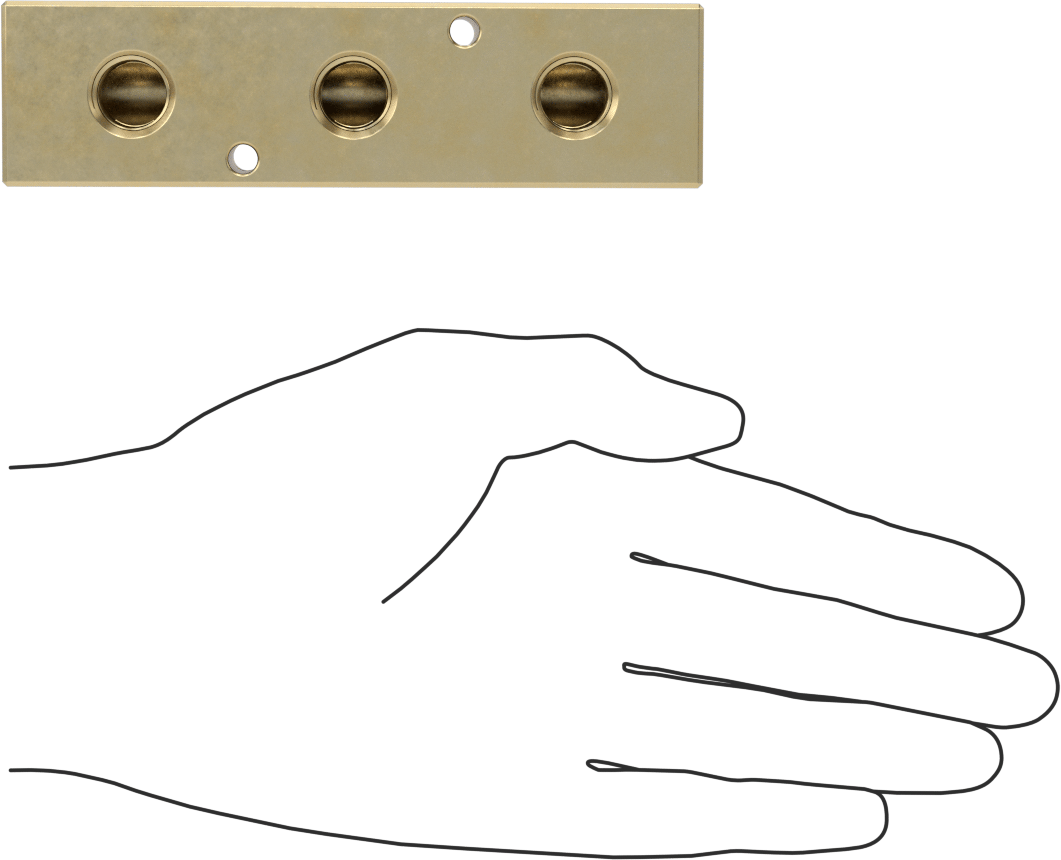 Pirinç Dik Açılı Akış Dikdörtgen Manifold, Ekstra Geniş Çıkış Aralığı, 3 Çıkış, 3/8 NPT X1/4 NPT